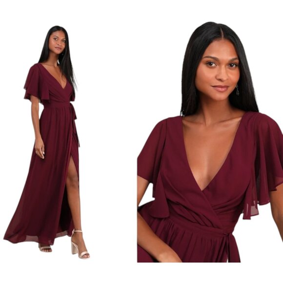 NWOT Lulus Convincing Grace Burgundy Flutter Sleeve Wrap Maxi Dress - Picture 1 of 5